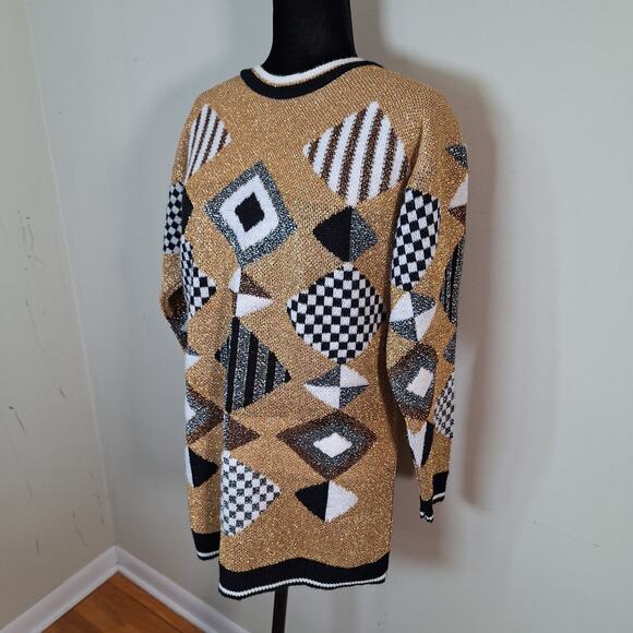 Vintage 80s/90s Gold Metallic Lurex Oversized Geometric Sweater Women Size Small - Picture 2 of 7